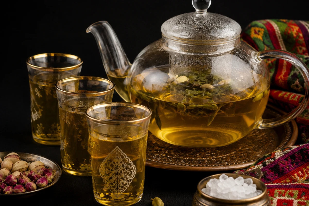 A glass teapot with a built-in infuser, pale green tea inside, on a dark counter with soft-focus yellow roses behind.